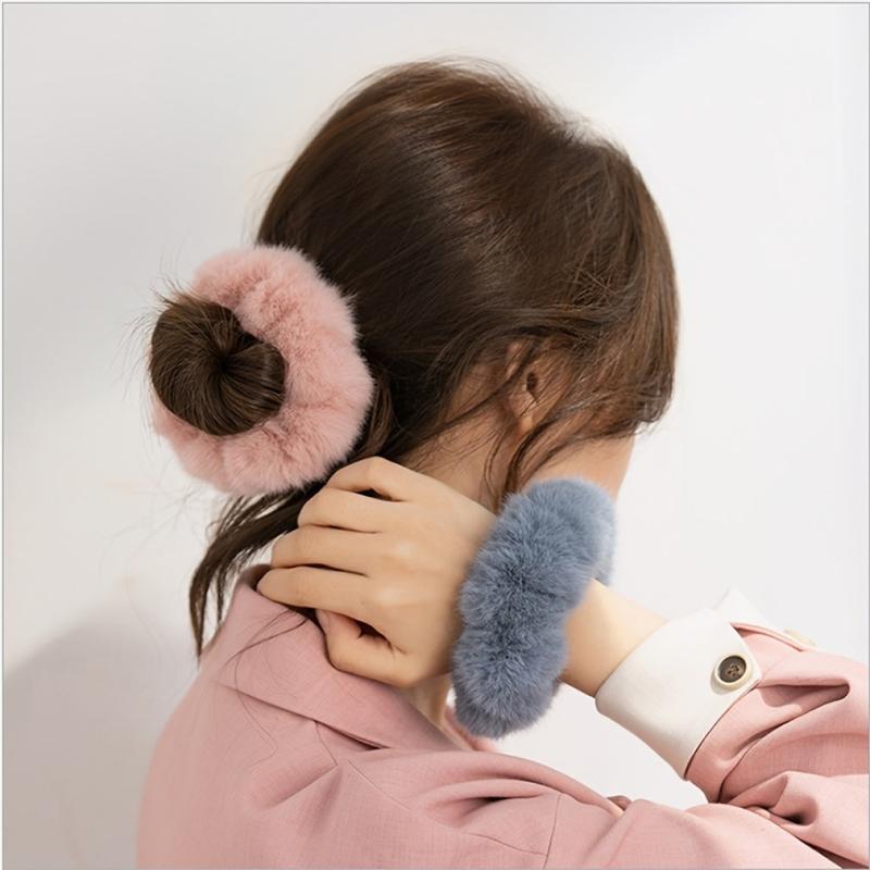 6pcs Furry Elastic Rabbit Hair Scrunchies Pompom Ponytail Holder Hair Bands Ties