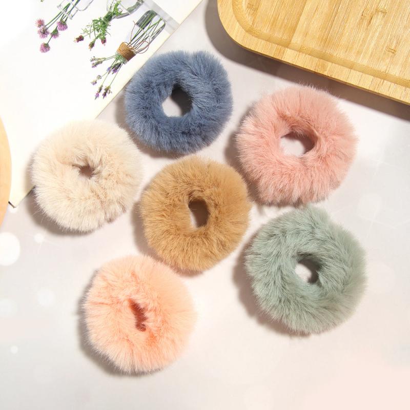 6pcs Furry Elastic Rabbit Hair Scrunchies Pompom Ponytail Holder Hair Bands Ties
