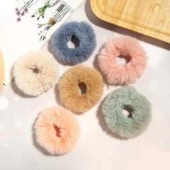 6pcs Furry Elastic Rabbit Hair Scrunchies Pompom Ponytail Holder Hair Bands Ties