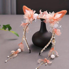 Faux Pearl Cat Ears Head Hoop with Tassel Hair Band