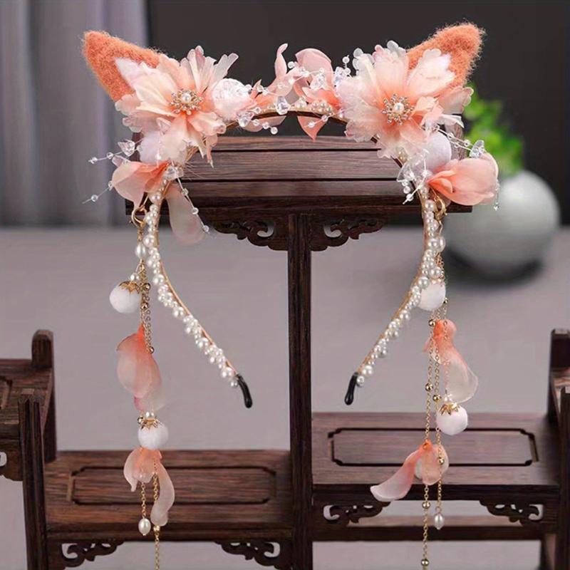Faux Pearl Cat Ears Head Hoop with Tassel Hair Band