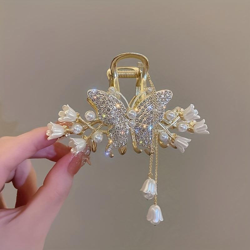 Flower Butterfly Rhinestone Tassel Hair Clip Lily Of Valley Back Head Clip