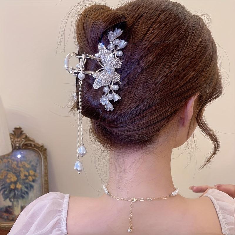 Flower Butterfly Rhinestone Tassel Hair Clip Lily Of Valley Back Head Clip