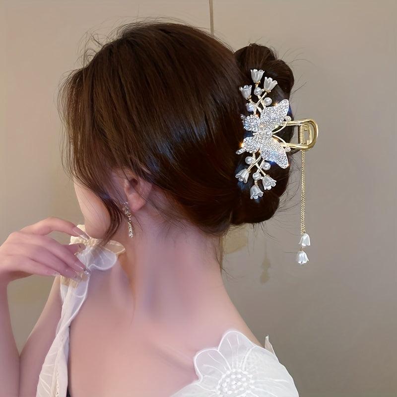 Flower Butterfly Rhinestone Tassel Hair Clip Lily Of Valley Back Head Clip