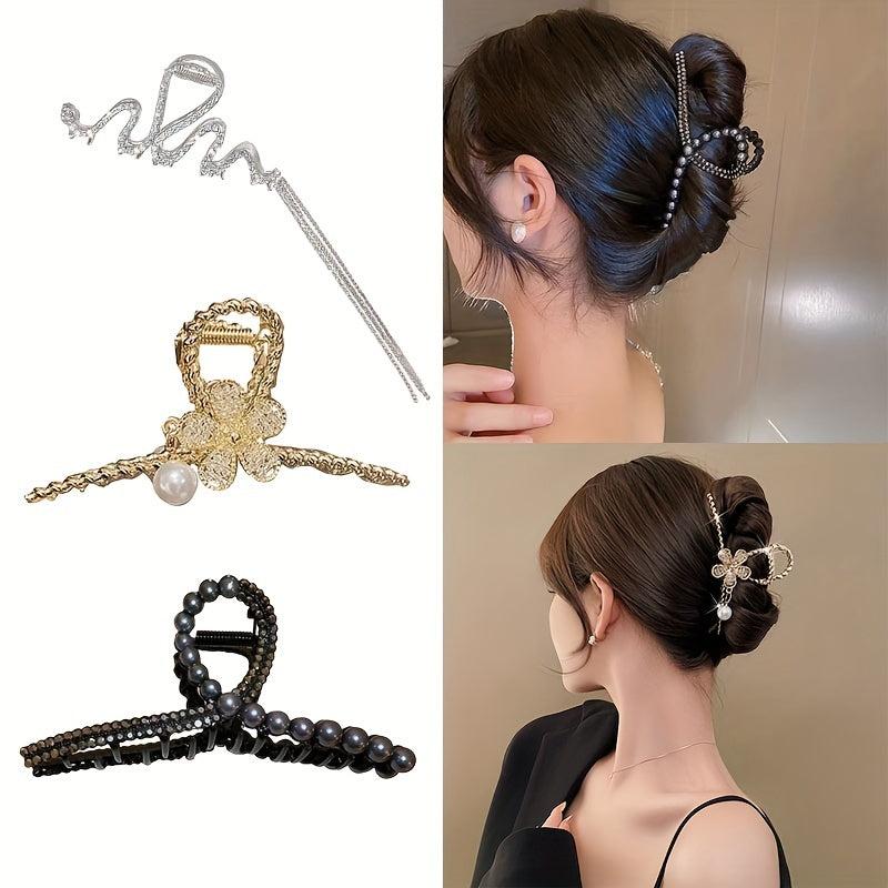 3pcs Rhinestone Pearl Hair Claw Shark Claw Tassel Head Jewelry Hair Accessories