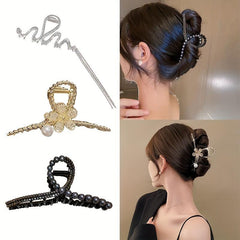 3pcs Rhinestone Pearl Hair Claw Shark Claw Tassel Head Jewelry Hair Accessories