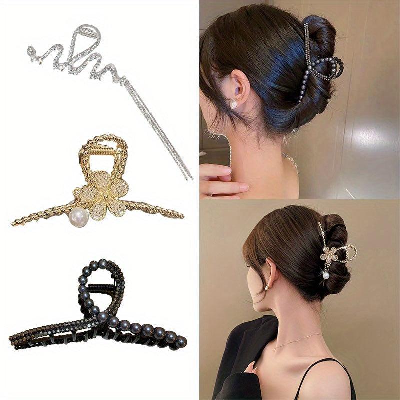 3pcs Rhinestone Pearl Hair Claw Shark Claw Tassel Head Jewelry Hair Accessories
