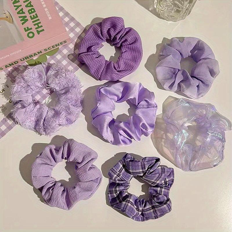 7pcs Plaid Print Scrunchie Purple Hair Tie Ponytail Holder