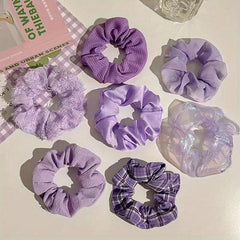 7pcs Plaid Print Scrunchie Purple Hair Tie Ponytail Holder
