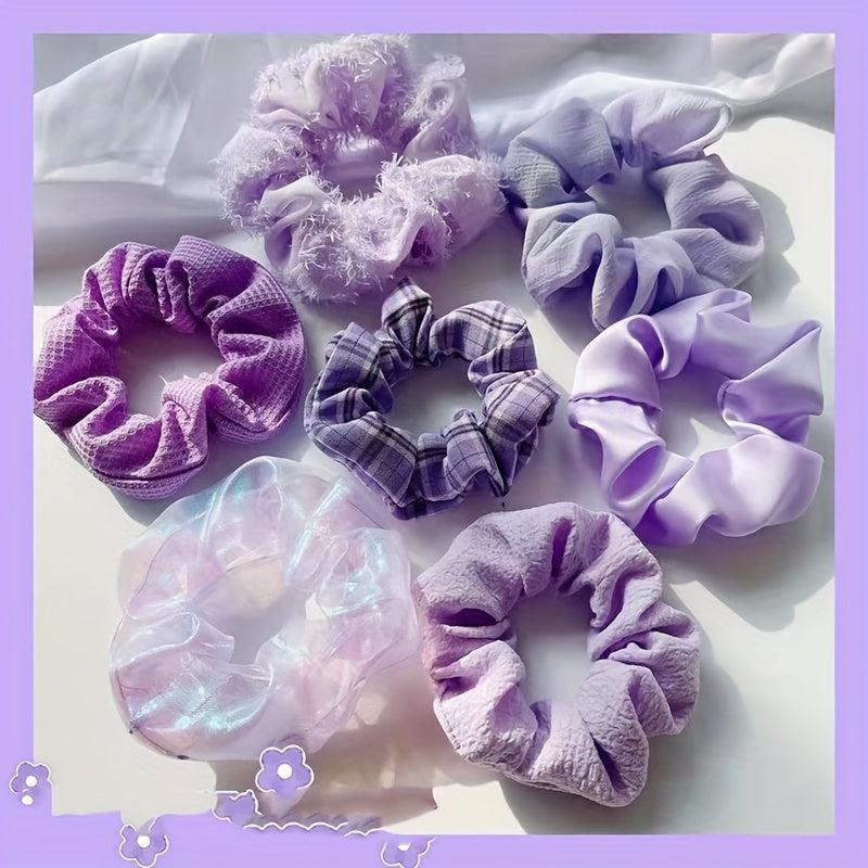 7pcs Plaid Print Scrunchie Purple Hair Tie Ponytail Holder