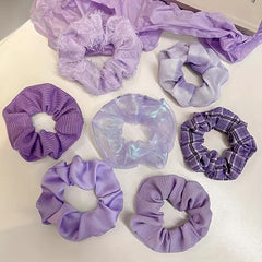 7pcs Plaid Print Scrunchie Purple Hair Tie Ponytail Holder