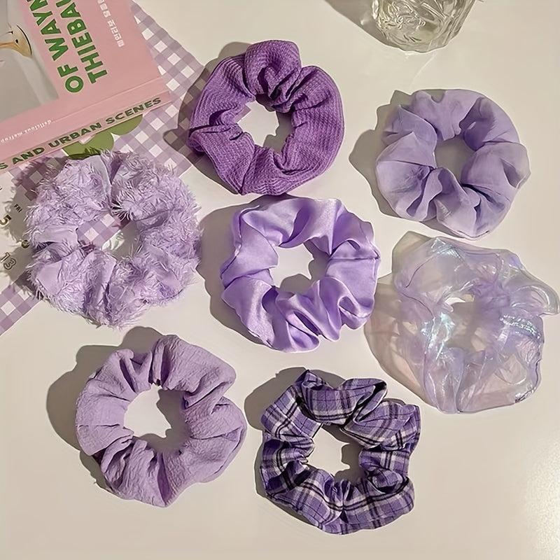 7pcs Plaid Print Scrunchie Purple Hair Tie Ponytail Holder
