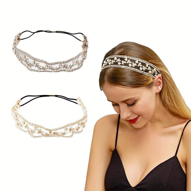 Bohemian Lace Pearl Headband Stretchy Floral Headwear