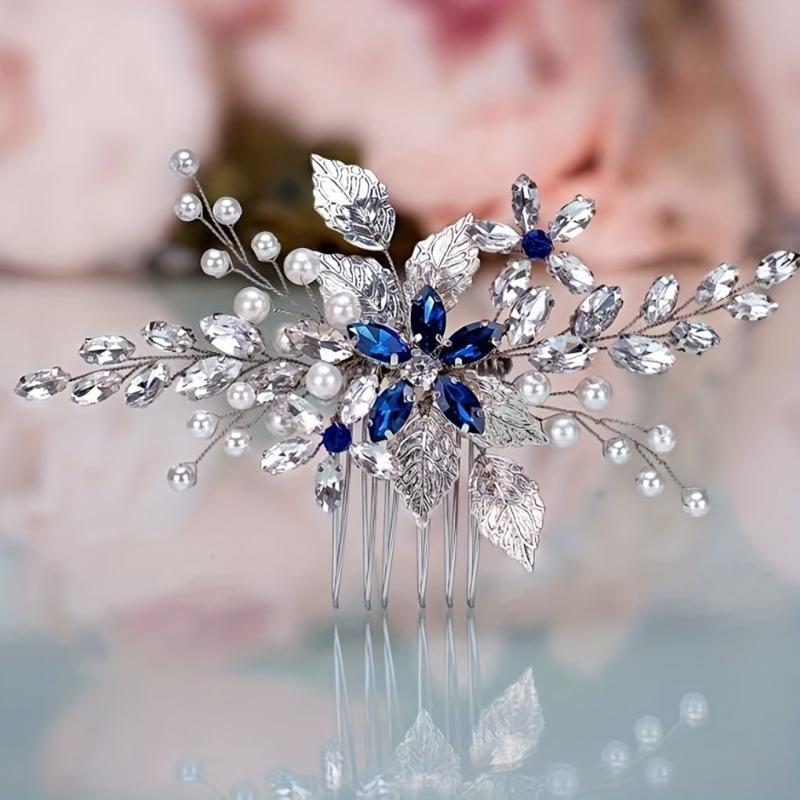 Bridal Hair Comb Vintage Silver Sapphire Rhinestone Crystal Ivory Pearl