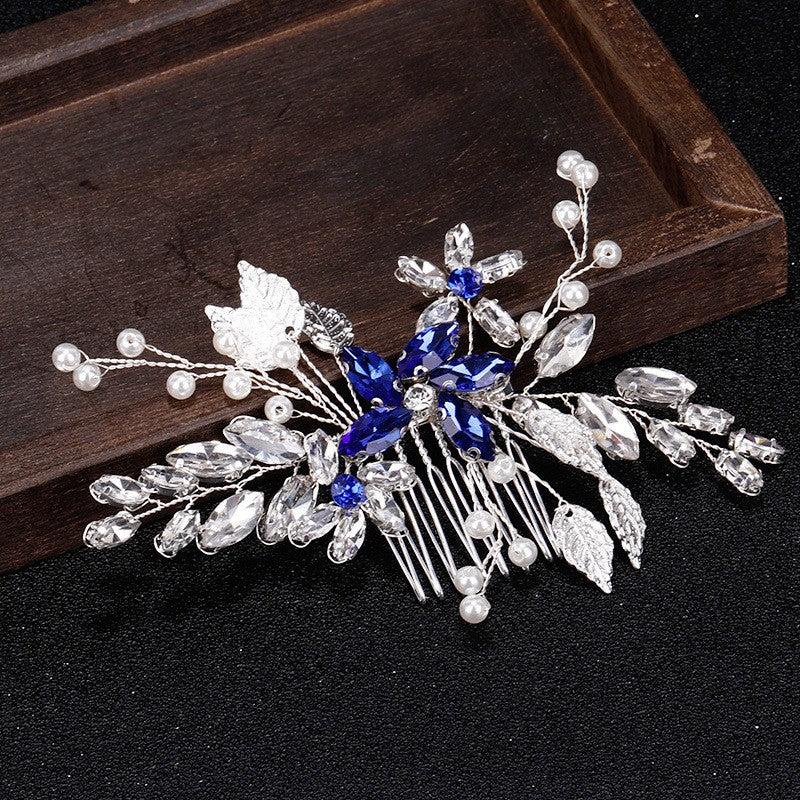 Bridal Hair Comb Vintage Silver Sapphire Rhinestone Crystal Ivory Pearl