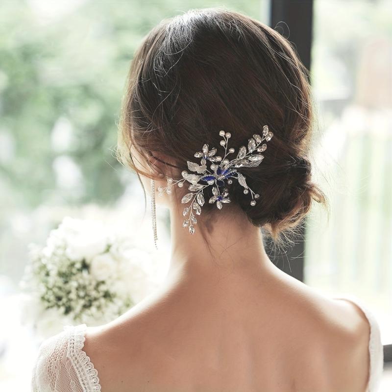 Bridal Hair Comb Vintage Silver Sapphire Rhinestone Crystal Ivory Pearl