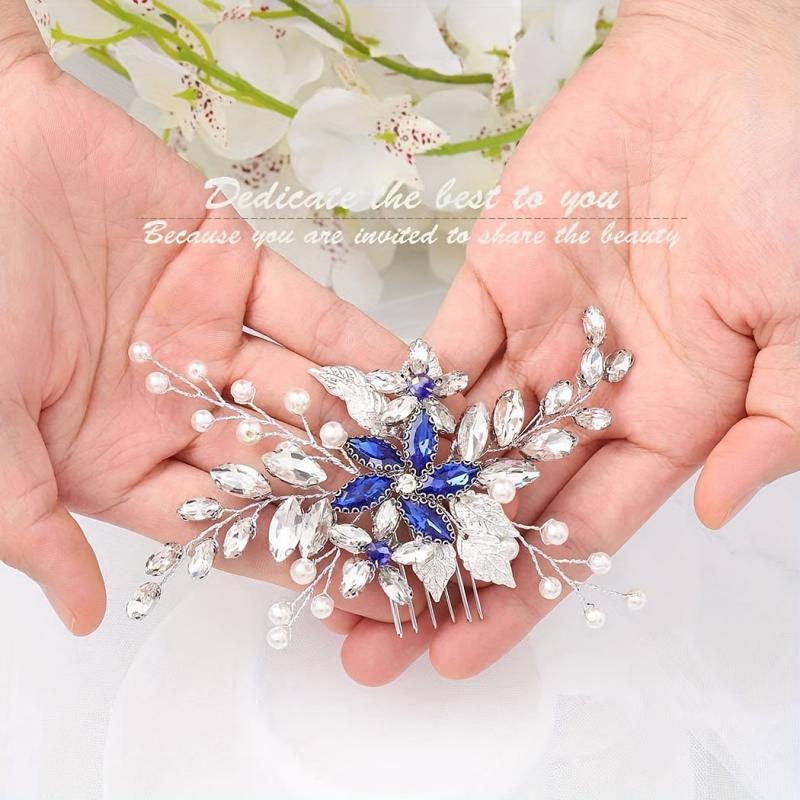 Bridal Hair Comb Vintage Silver Sapphire Rhinestone Crystal Ivory Pearl
