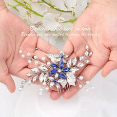 Bridal Hair Comb Vintage Silver Sapphire Rhinestone Crystal Ivory Pearl