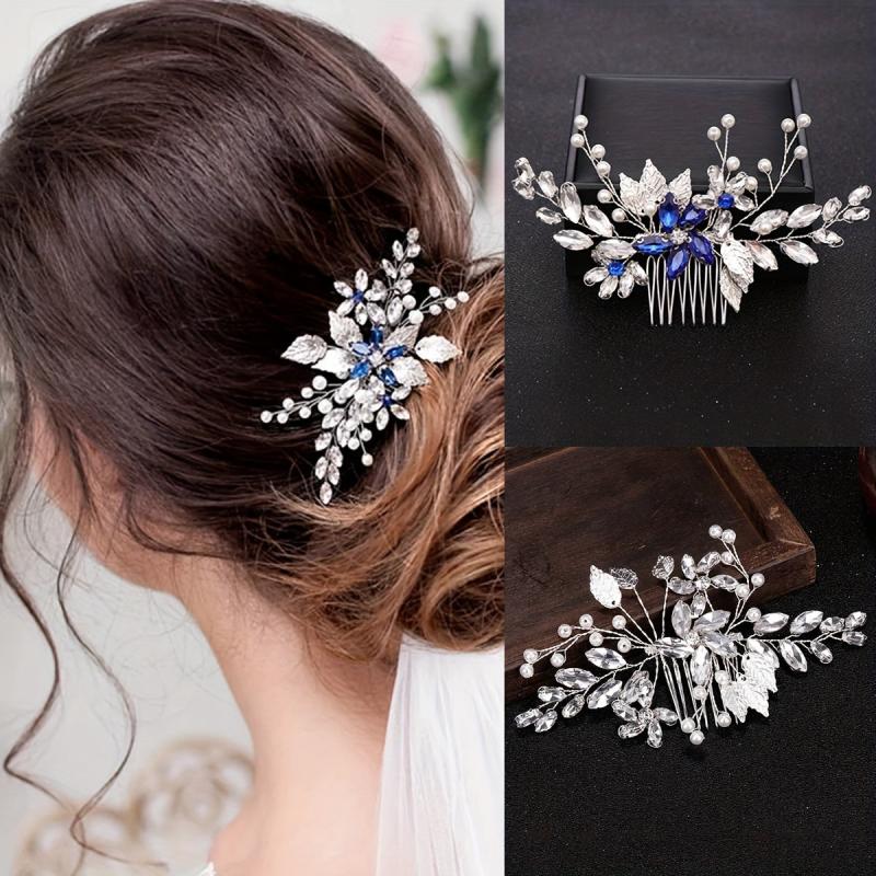 Bridal Hair Comb Vintage Silver Sapphire Rhinestone Crystal Ivory Pearl