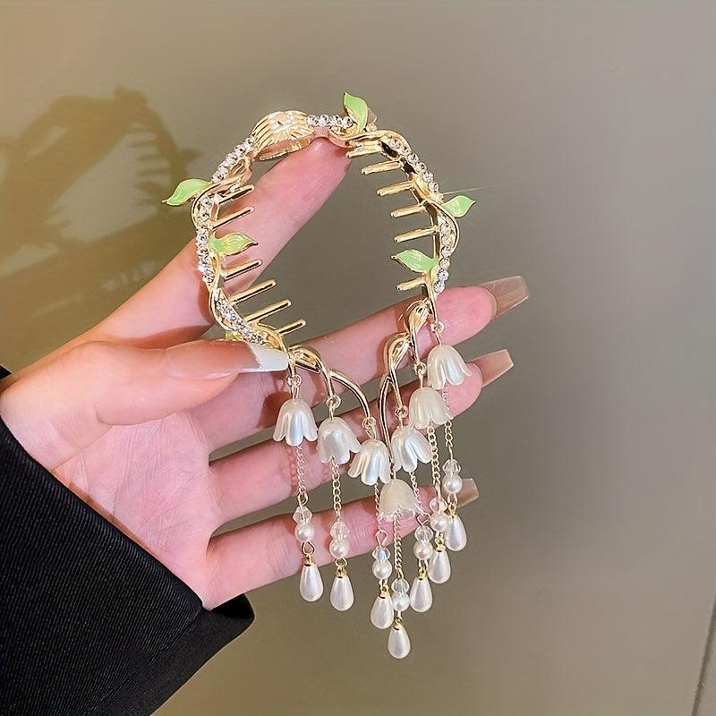 Vintage Flower Hair Claw Lily Of The Valley Tassel Headdress Banana Clip