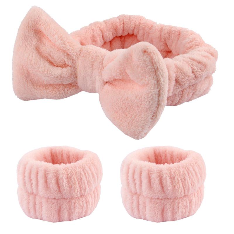 3 Pcs Bow Hair Band And Wristband Set Women Spa Headband