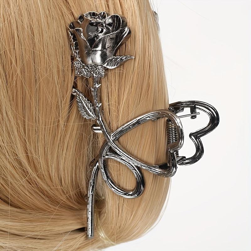 Rose Flower Metal Hair Claw Clip Silvery Non Slip Strong Hold Grip Hair Clip