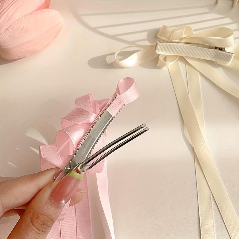2pcs Ribbon Bow Hair Clip Long Bowknot Duck Billed Clip Sweet Hair Accessories
