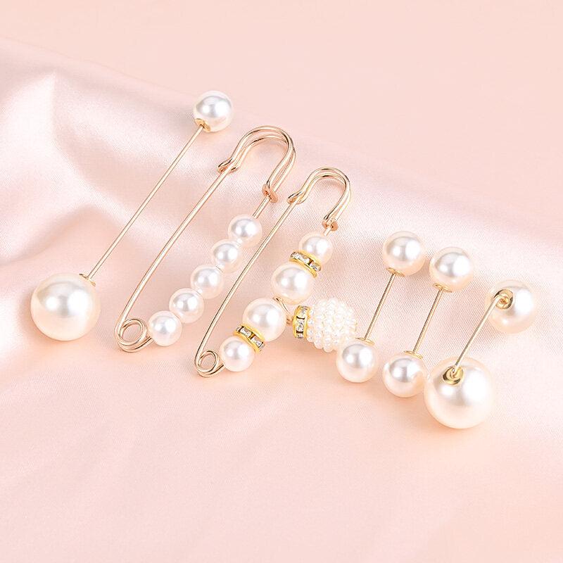 6Pcs Pearl Crystal Brooch Pins Pretty Corsage Pins Clothes Pants Elastic