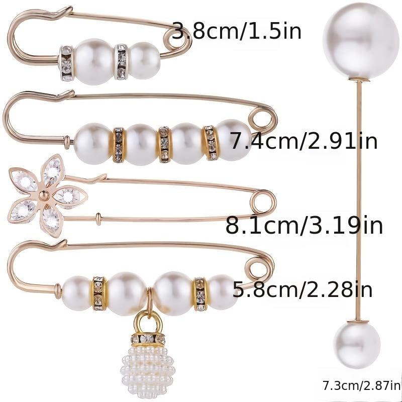6Pcs Pearl Crystal Brooch Pins Pretty Corsage Pins Clothes Pants Elastic