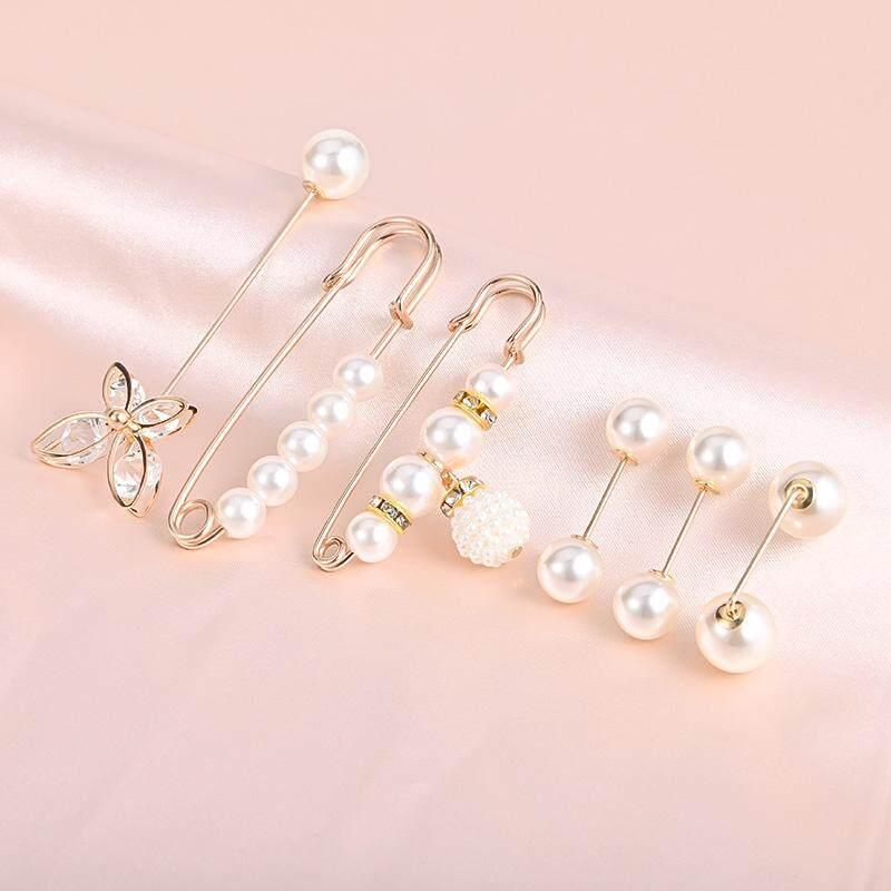 6Pcs Pearl Crystal Brooch Pins Pretty Corsage Pins Clothes Pants Elastic