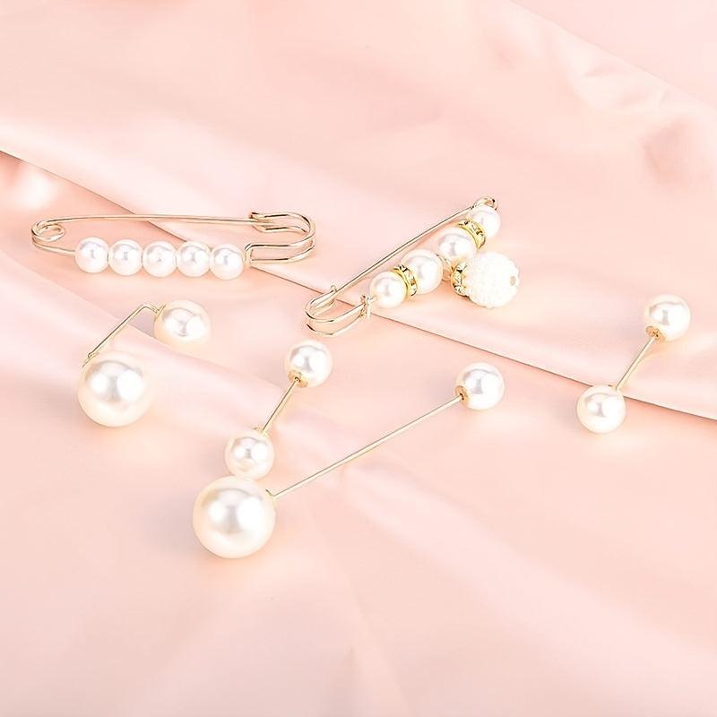 6Pcs Pearl Crystal Brooch Pins Pretty Corsage Pins Clothes Pants Elastic
