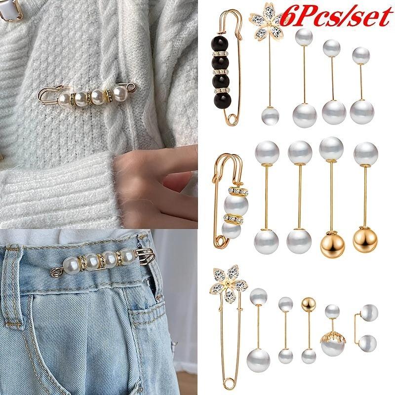 6Pcs Pearl Crystal Brooch Pins Pretty Corsage Pins Clothes Pants Elastic