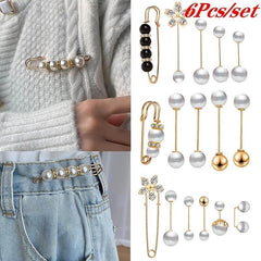 6Pcs Pearl Crystal Brooch Pins Pretty Corsage Pins Clothes Pants Elastic