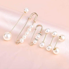 6Pcs Pearl Crystal Brooch Pins Pretty Corsage Pins Clothes Pants Elastic