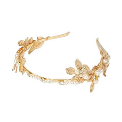 Golden Flower Leaf Faux Pearl Flower Tiara Headband