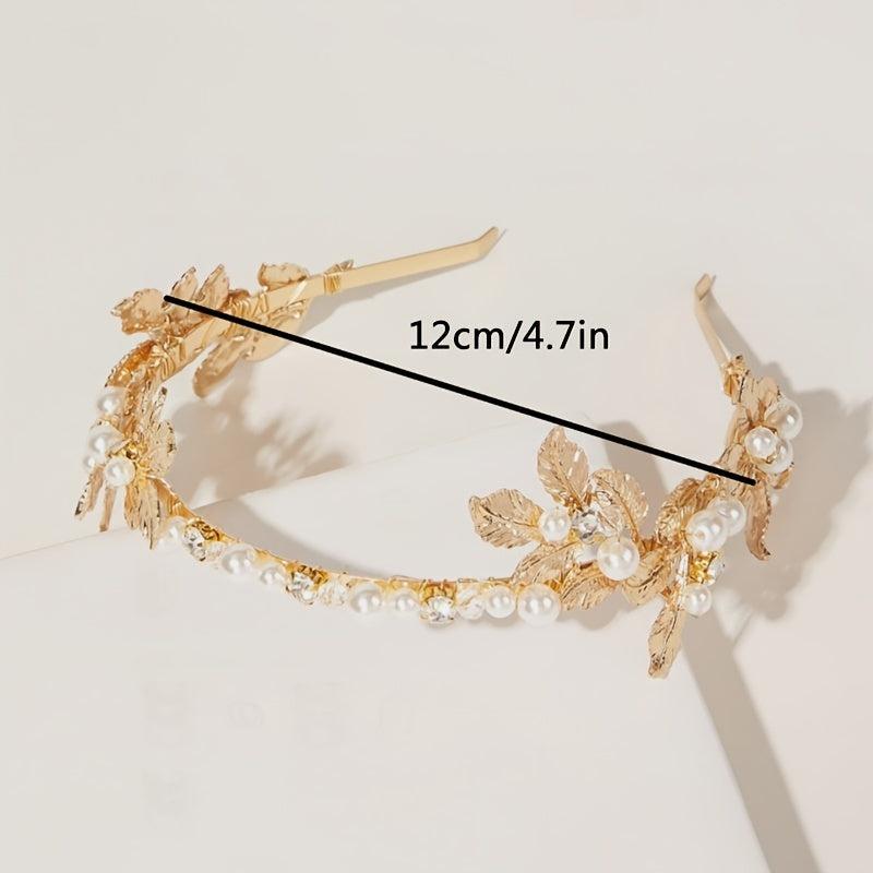 Golden Flower Leaf Faux Pearl Flower Tiara Headband
