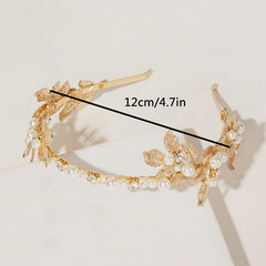 Golden Flower Leaf Faux Pearl Flower Tiara Headband