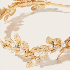 Golden Flower Leaf Faux Pearl Flower Tiara Headband