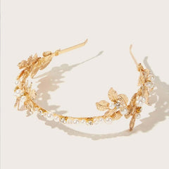 Golden Flower Leaf Faux Pearl Flower Tiara Headband
