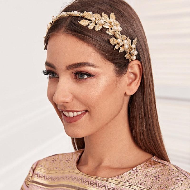 Golden Flower Leaf Faux Pearl Flower Tiara Headband