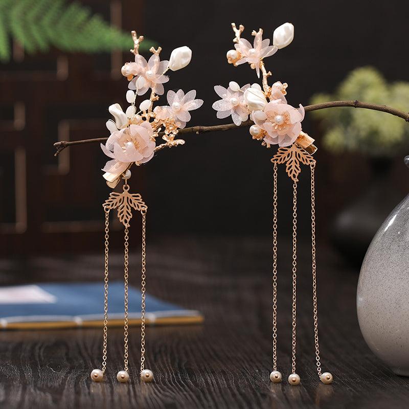 Chinese Style Hanfu Hairclip Faux Pearl Flower Tassel Hairpin