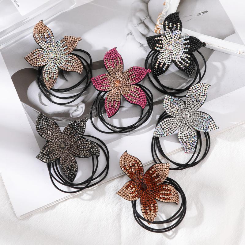 Rhinestones Flower Hair Elastics Ties Ponytail Holder for Girls Women Ladies
