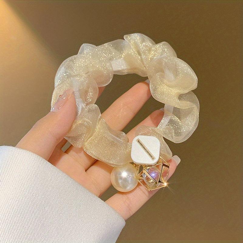 1PC Square Faux Pearl Rhinestone Pendant Scrunchie Hair Decoration