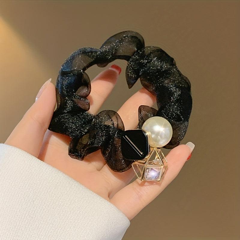 1PC Square Faux Pearl Rhinestone Pendant Scrunchie Hair Decoration