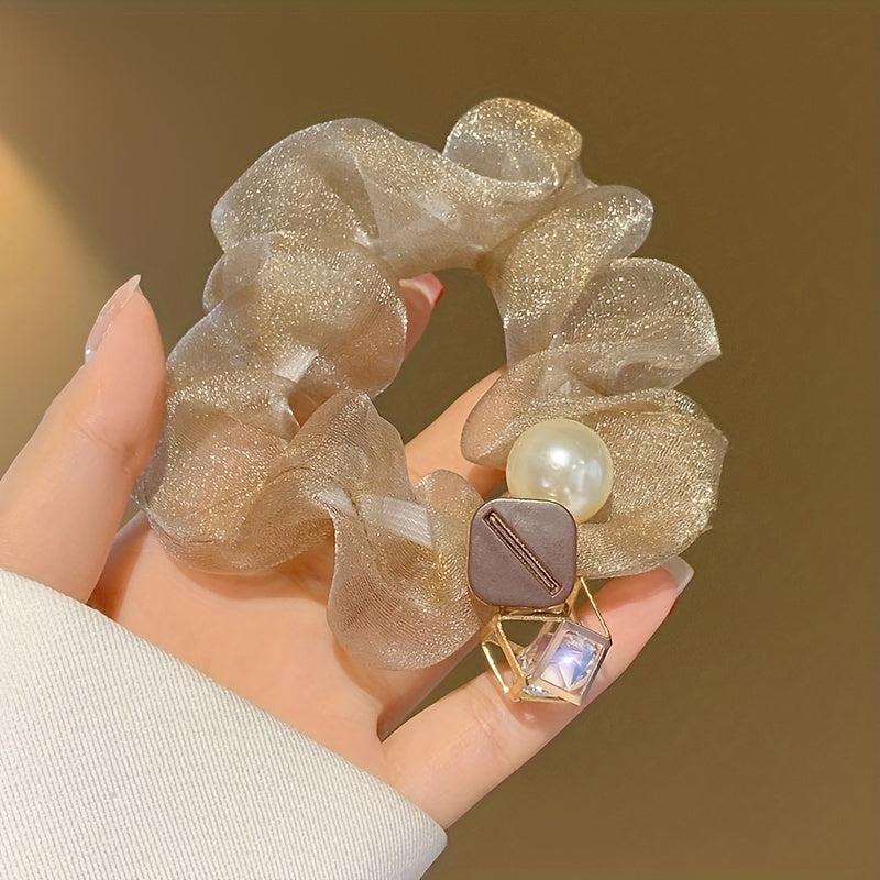 1PC Square Faux Pearl Rhinestone Pendant Scrunchie Hair Decoration
