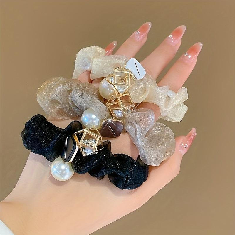 1PC Square Faux Pearl Rhinestone Pendant Scrunchie Hair Decoration