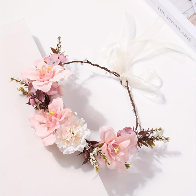 Boho Pink Wreath Flower Headband Crown for Women Girls
