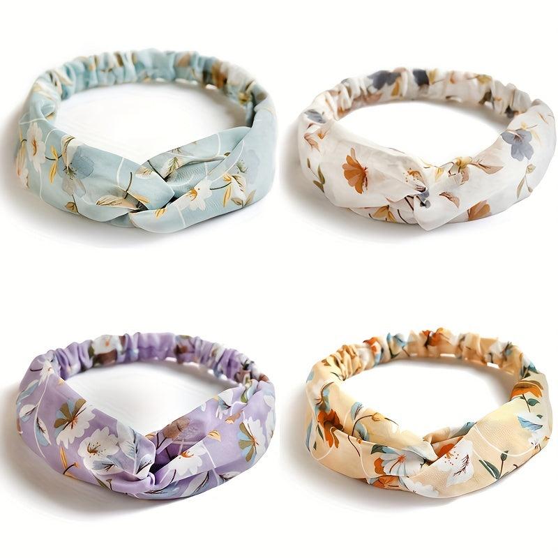 Floral Print Chiffon Headband Stretchy Headdress Hair Band
