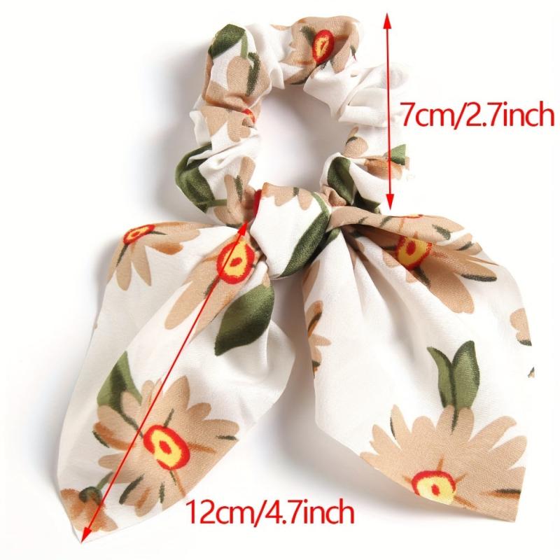 Daisy Print Bow Scrunchie Flower Charm Hair Tie Ponytail Holder