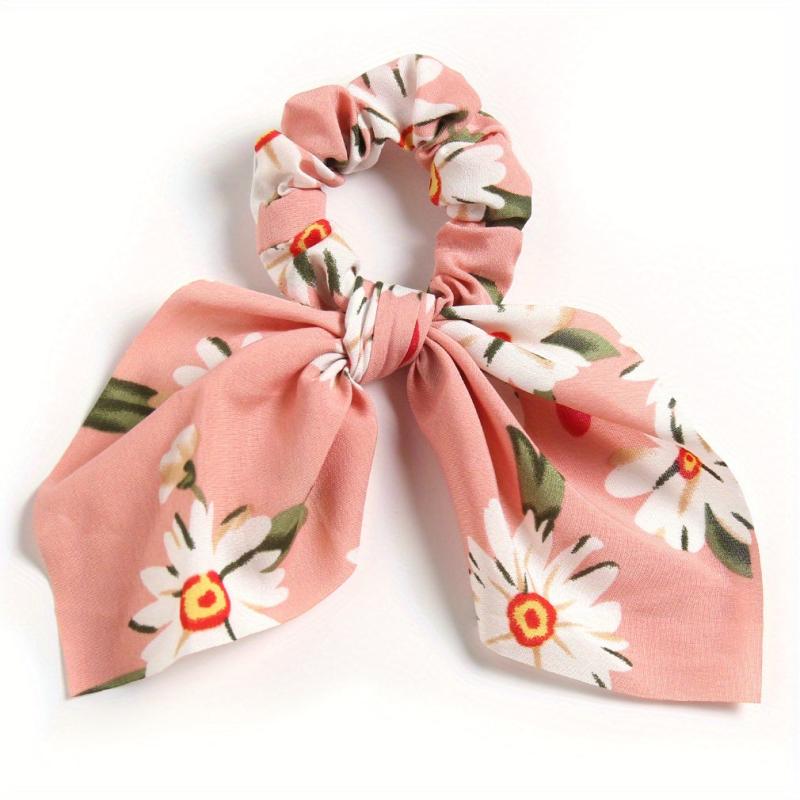 Daisy Print Bow Scrunchie Flower Charm Hair Tie Ponytail Holder